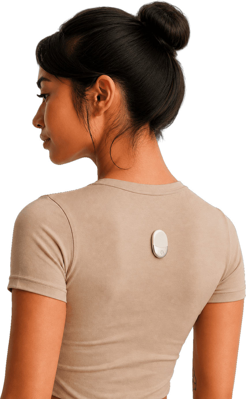 Woman standing wearing the Evolve device