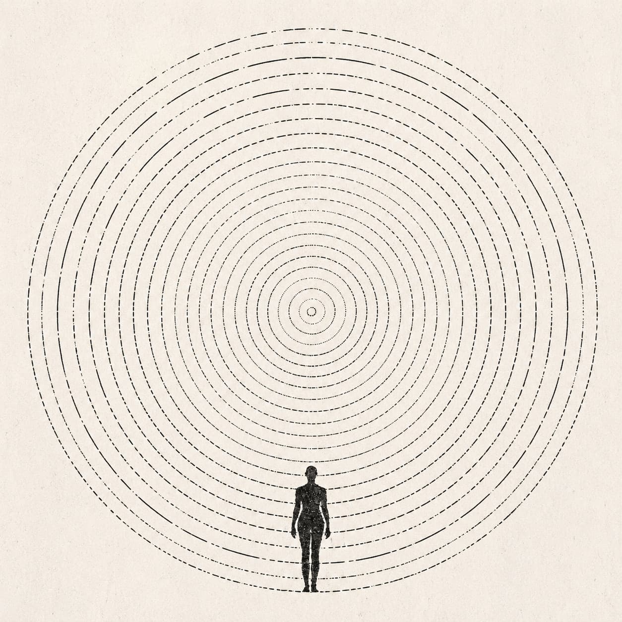 A figure walking into expanding concentric circles