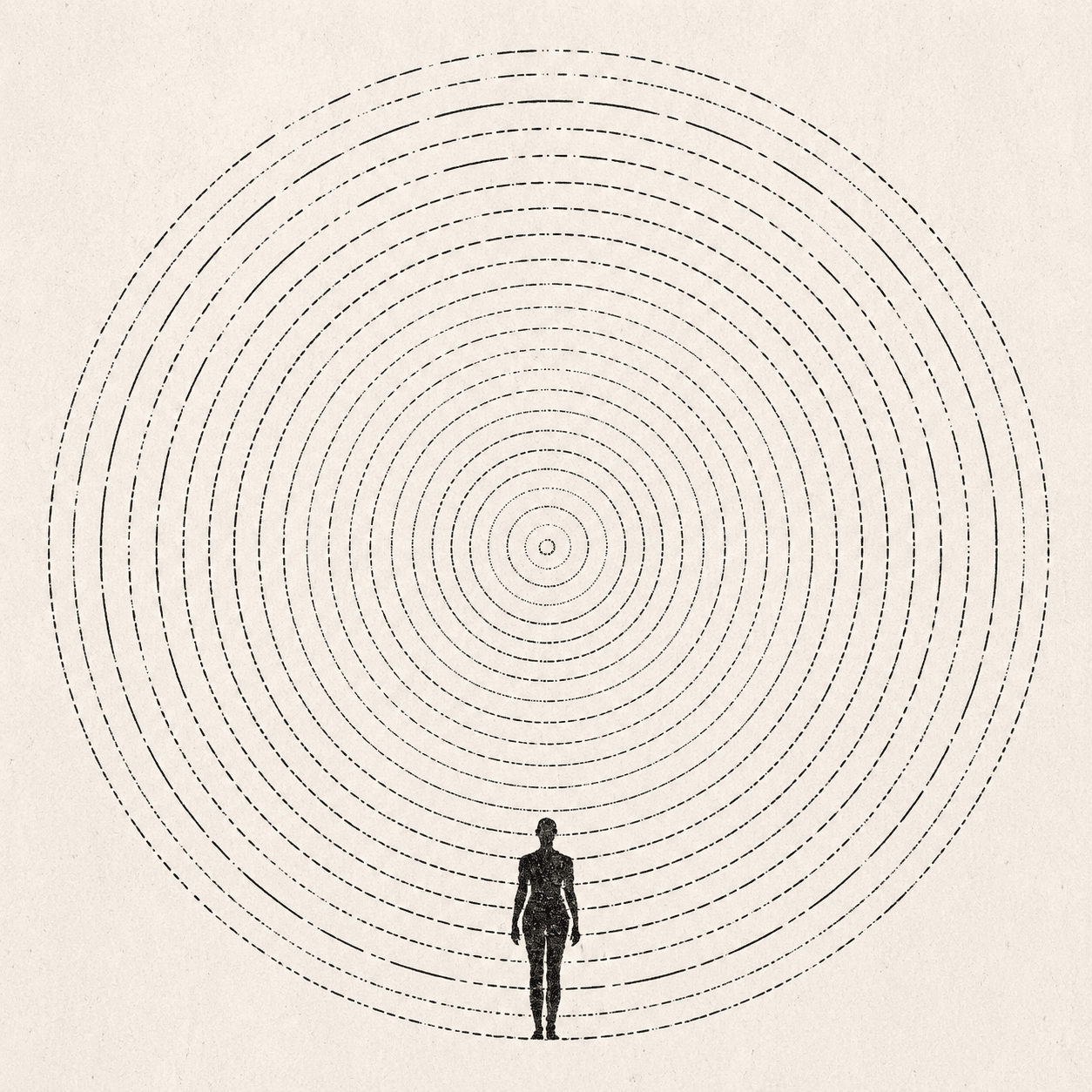 A figure walking into expanding concentric circles