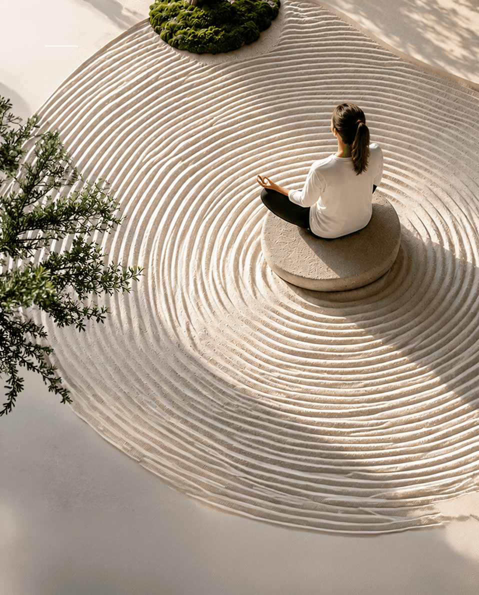 Person meditating in a zen garden with concentric raked sand patterns