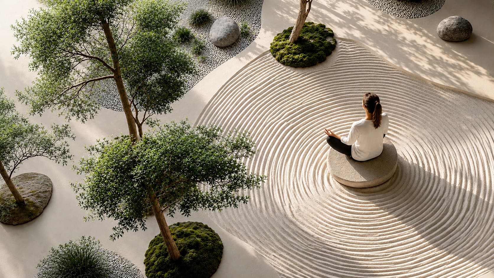 Person meditating in a zen garden with concentric raked sand patterns