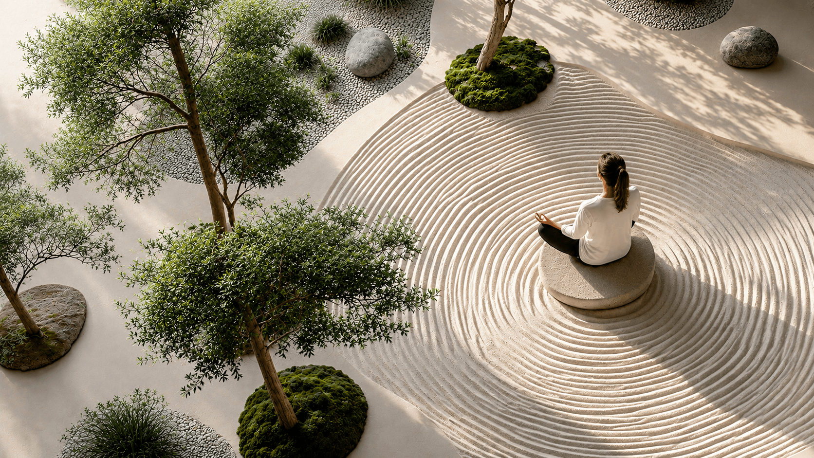 Person meditating in a zen garden with concentric raked sand patterns