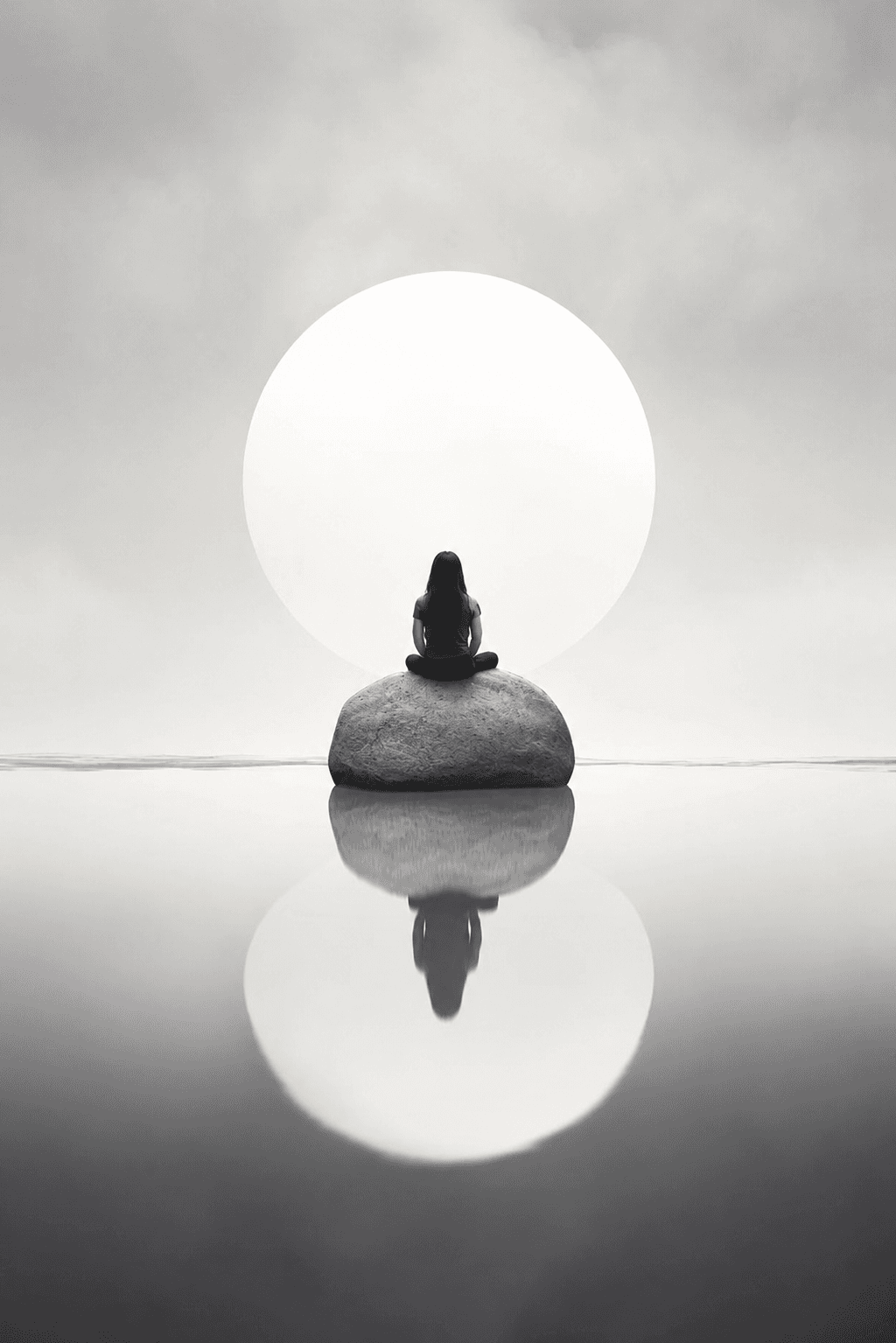 A figure meditating on a stone with a luminous moon behind