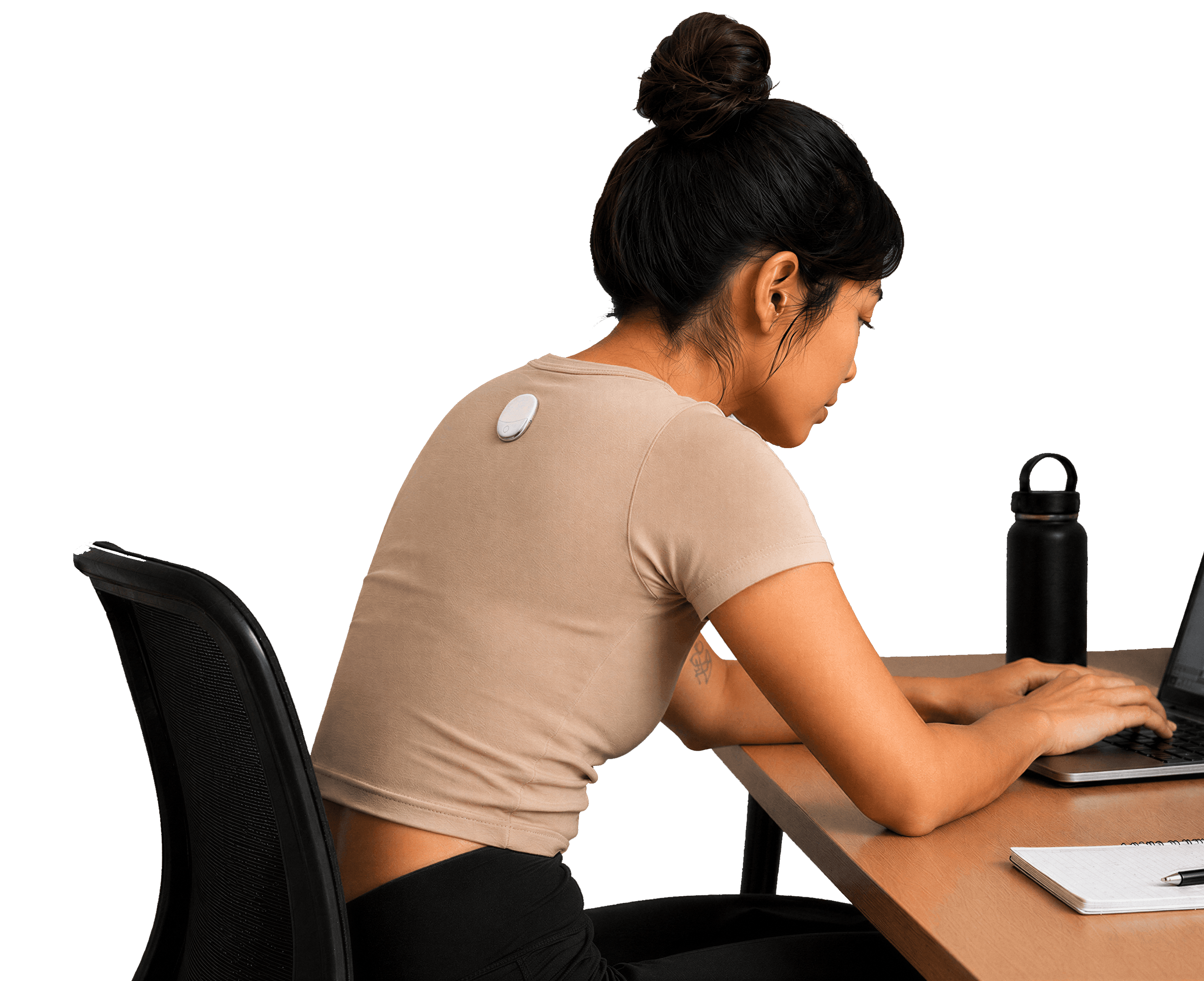 Woman sitting wearing the Evolve device