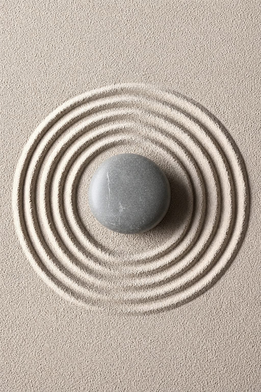 A stone resting in a raked zen sand garden